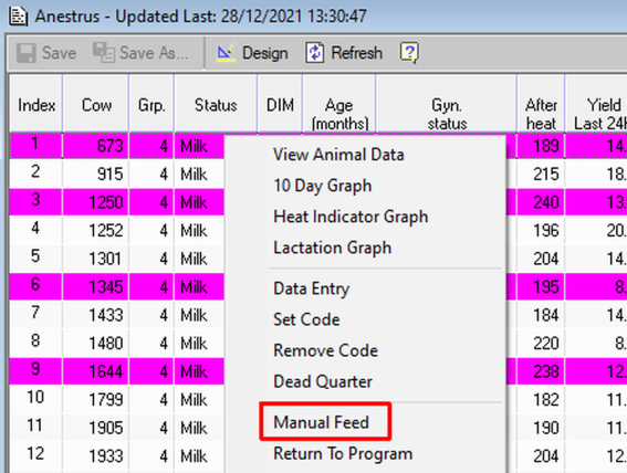 Select Cows or Groups for Manual Feed Menu